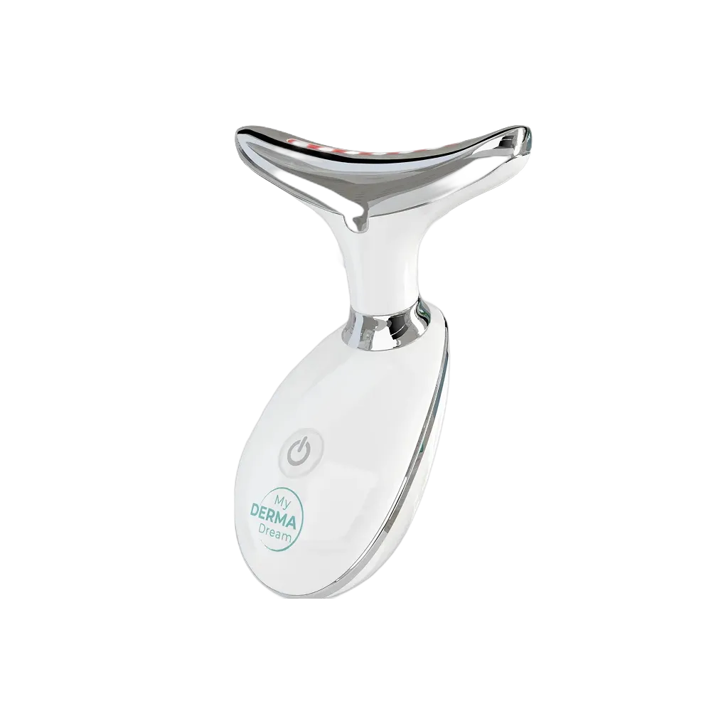 White MyoGlow handheld beauty wand with chrome treatment head and red illuminated light strip