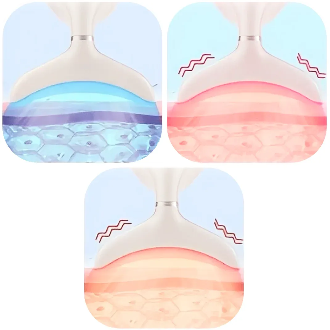 Three-panel illustration showing cool blue and warm red treatment head illumination at skin contact