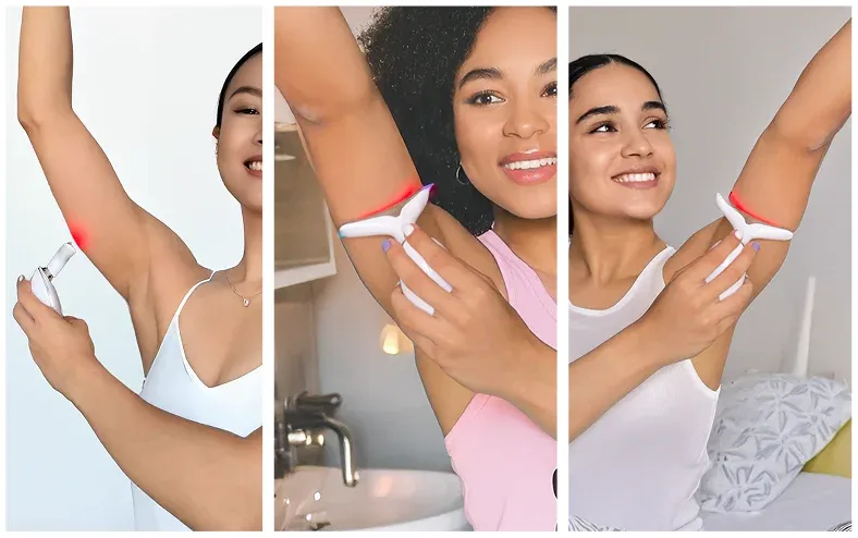 Three women demonstrating MyoGlow wand placement along underarm and upper arm skin during routine