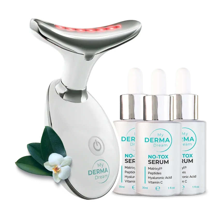 MyoGlow device staged alongside three white No-Tox Arm Lifting Serum dropper bottles