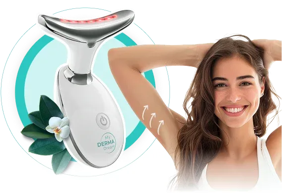 MyoGlow device and smiling woman in white top raising arms with foliage background