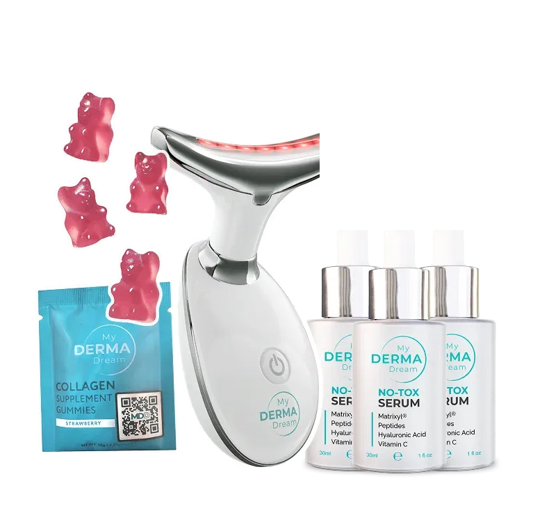 MyoGlow device, No-Tox Serum dropper bottles, and Strawberry Collagen Peptide Gummies pouch bundle
